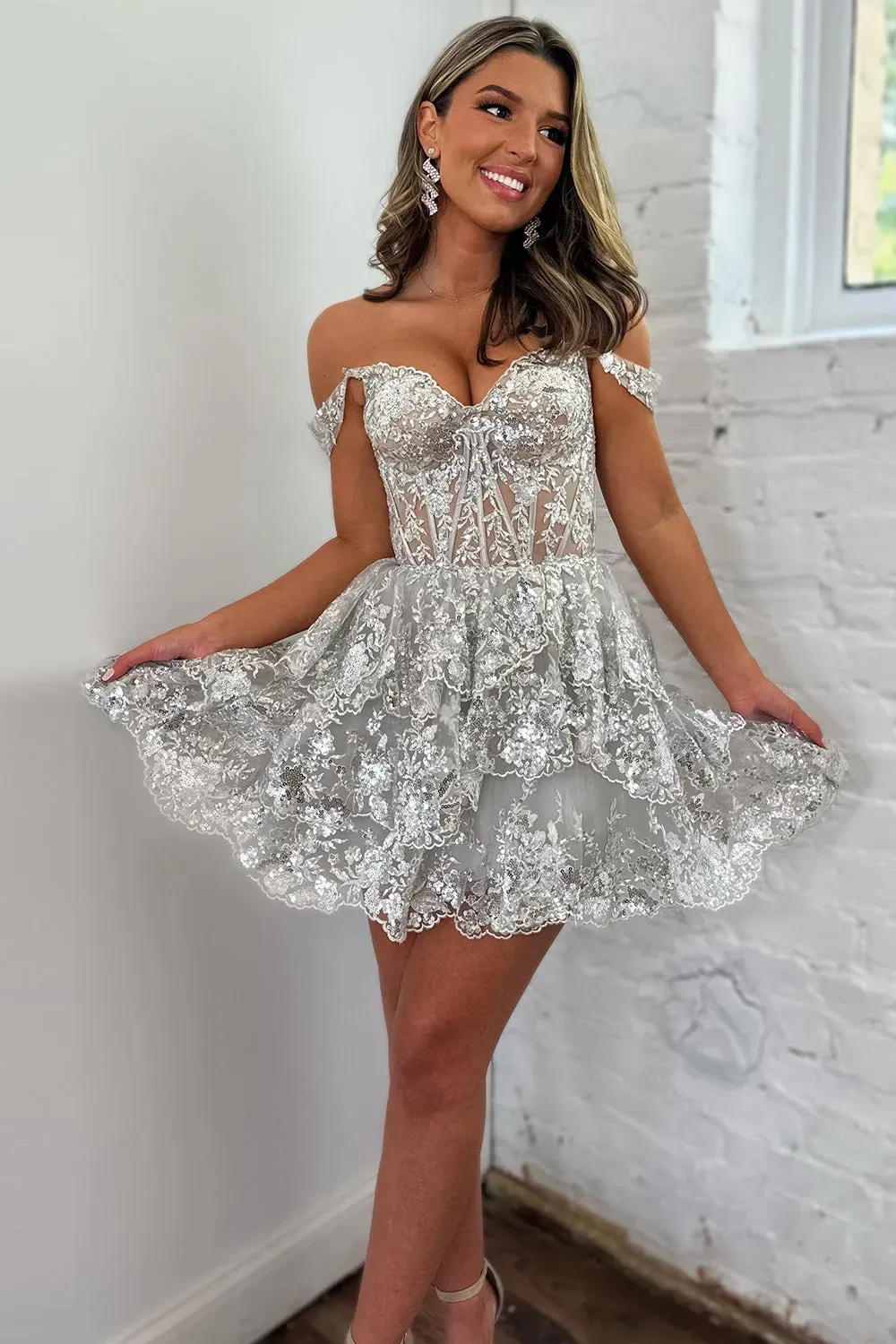 Sparkly A Line Off the Shoulder Navy Corset Homecoming Dress with Tiered Lace