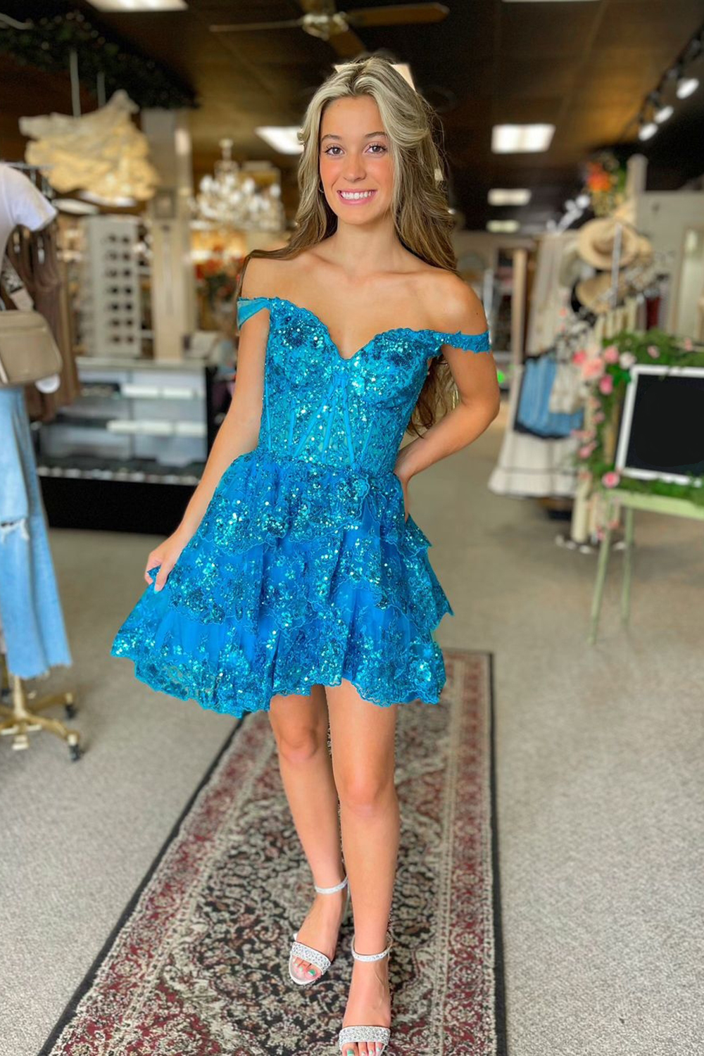 Sparkly A Line Off the Shoulder Navy Corset Homecoming Dress with Tiered Lace