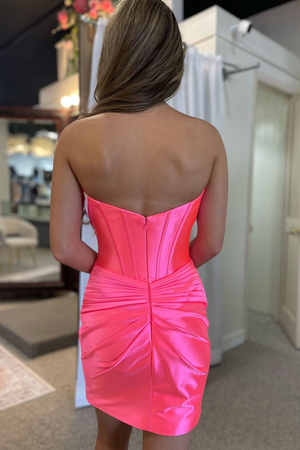 Trendy Copper Strapless Satin Sheath Short Homecoming Dress