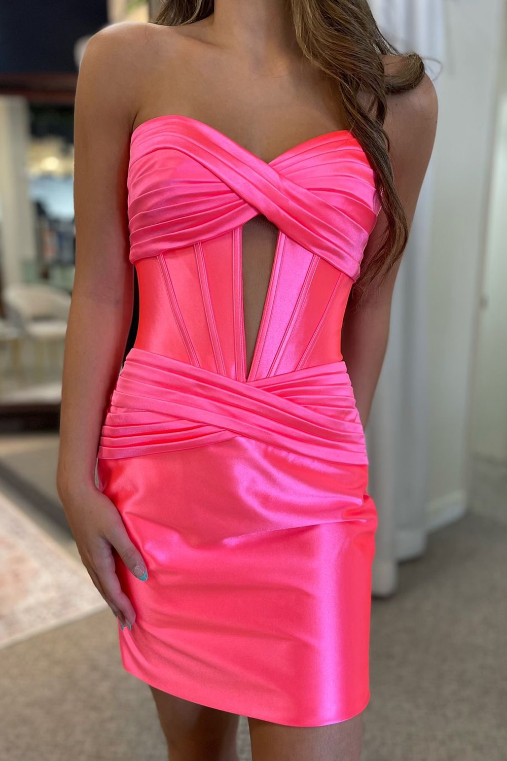 Trendy Copper Strapless Satin Sheath Short Homecoming Dress