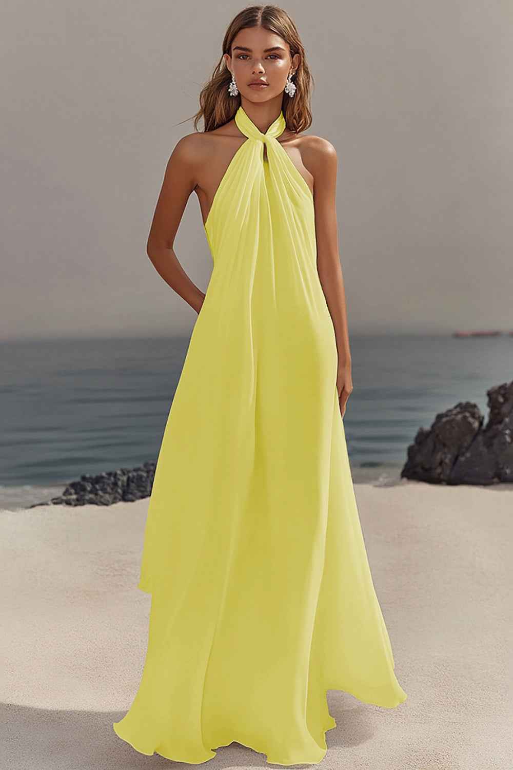 Flowy Sky Blue Chiffon A Line Halter Backless Long Prom Dress-LLELLA