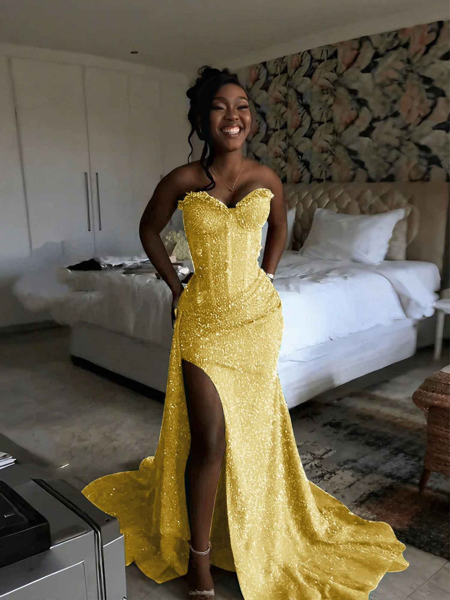 Glitter Strapless Mermaid Sequined Long Prom Dress with Slit-LLELLA