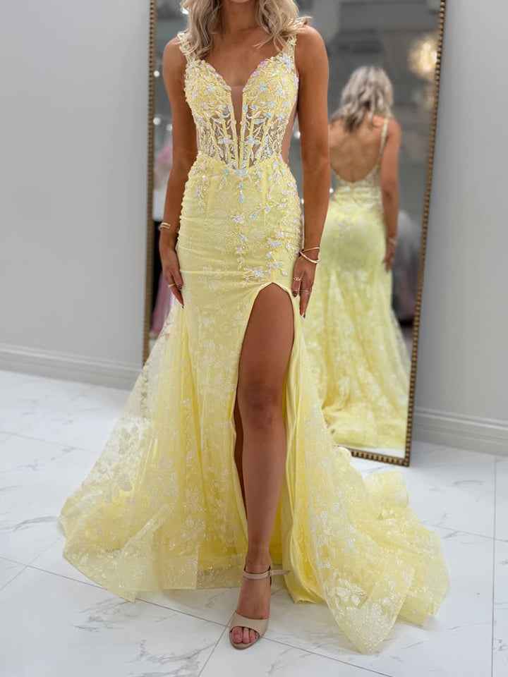 Yellow Floral Beaded Plunging Sweetheart Corset Prom Dress with Slit