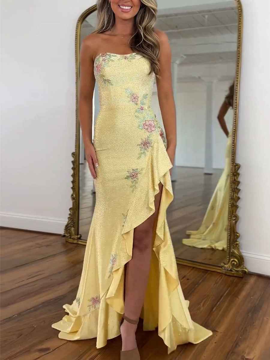 Yellow Strapless Floral Rhinestone Prom Dress with Corset Back-LLELLA