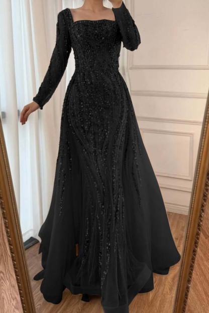 Square Neck Long Sleeves Long Mermaid Prom Dress With Beading Tulle