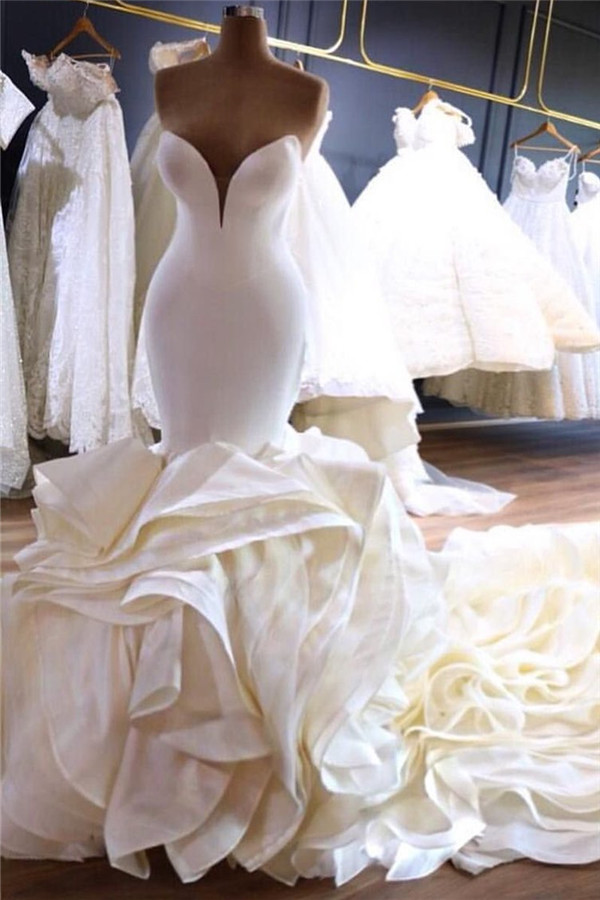 LLELLA Sexy Sweetheart White Satin Wedding Dresses Mermaid Ruffles Bridal Gowns On Sale-LLELLA
