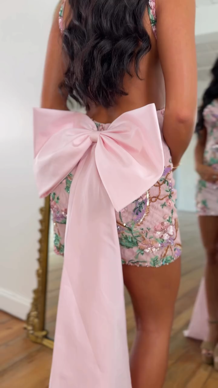 Pink Floral Embroidered Bow-Back Homecoming Dress