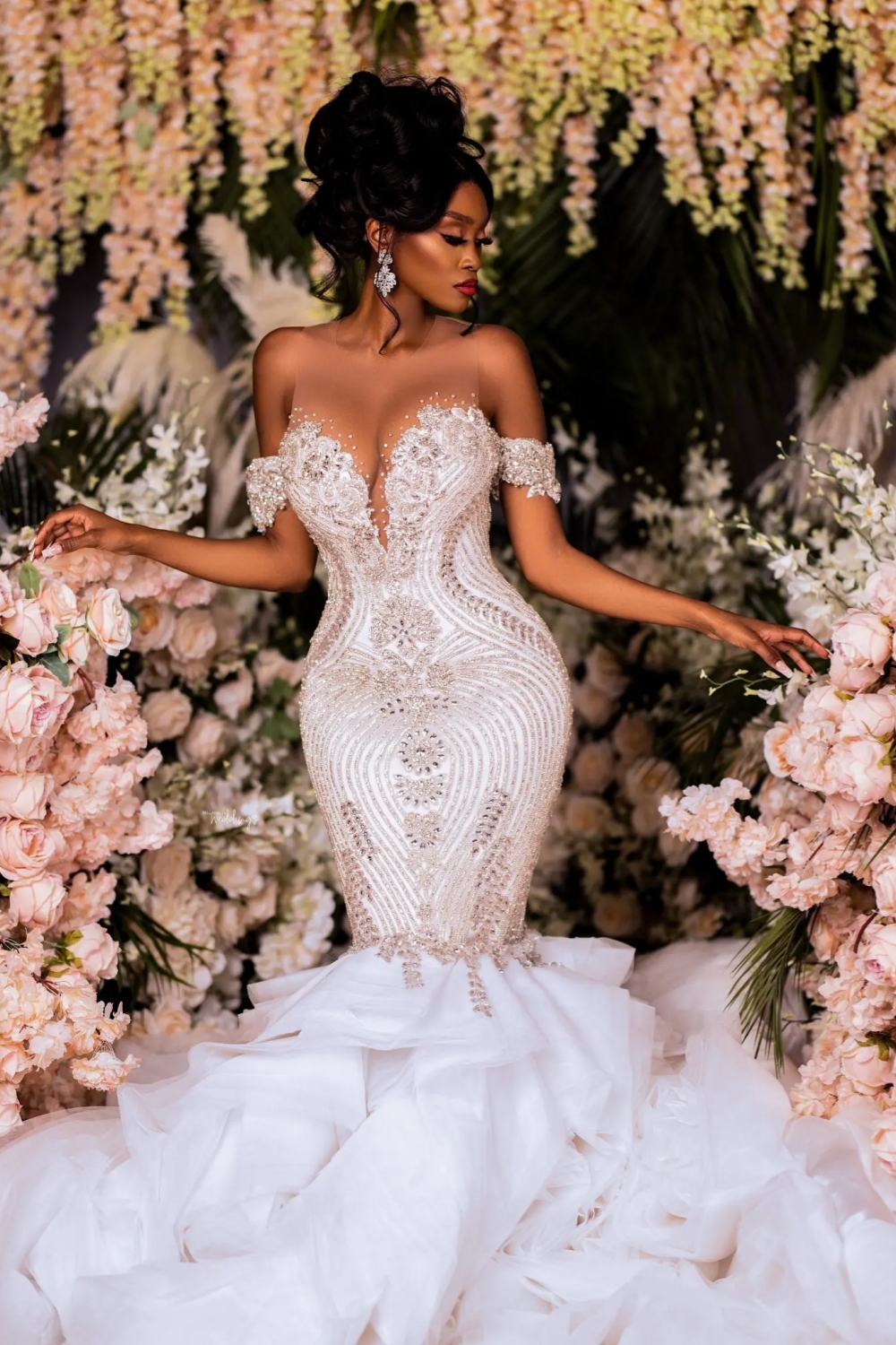 Beautiful Mermaid V-Neck Off-The-Shoulder Tulle Wedding Dresses-LLELLA