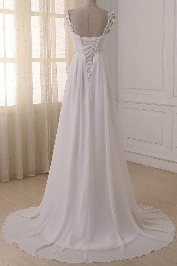 LLELLA Stylish Straps V-neck Chiffon Wedding Dress A-line White Appliques Bridal Gowns On Sale-LLELLA