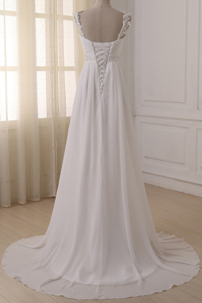 LLELLA Stylish Straps V-neck Chiffon Wedding Dress A-line White Appliques Bridal Gowns On Sale-LLELLA