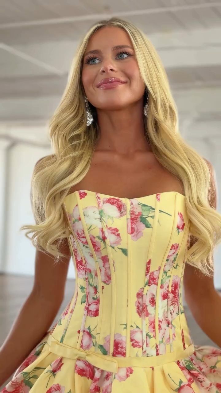 Yellow Floral Print Strapless Boned Corset Drop Waist A-Line Homecoming Dress HC178
