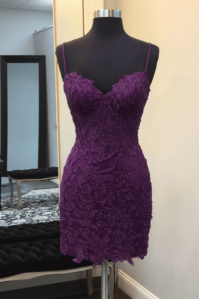 Black Spaghetti Straps Bodycon Corset Short Homecoming Dress with Appliques