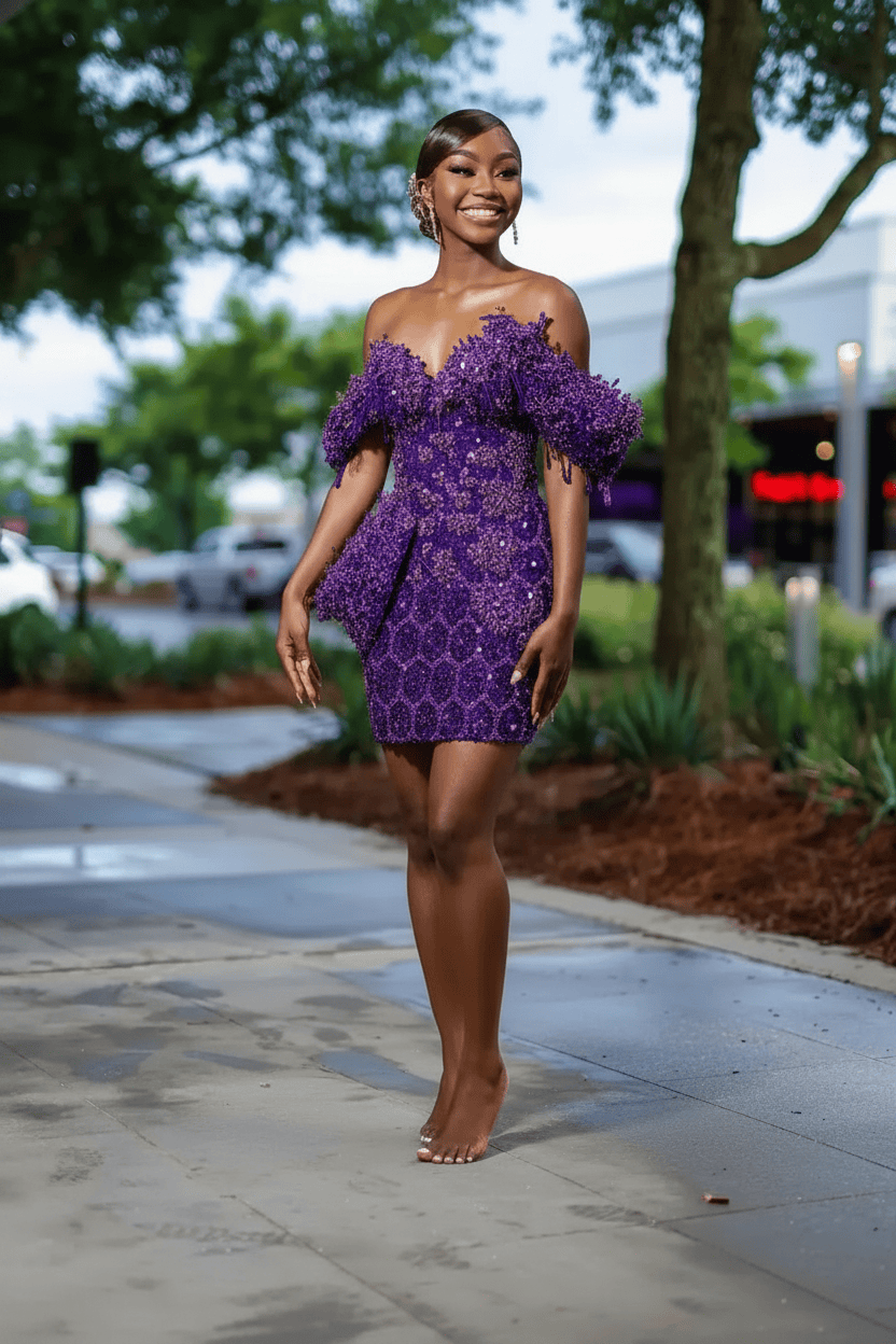 Burnt Orange Off-Shoulder Sequin Beaded Mini Homecoming Dress | Short Party Dress HC053