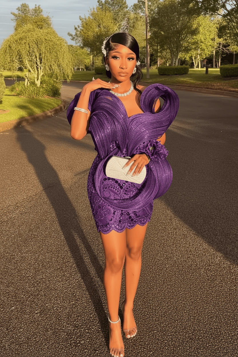Royal Blue Sequin Beaded Sculptural Off-Shoulder Mini Party Dress - Homecoming Mini Dress