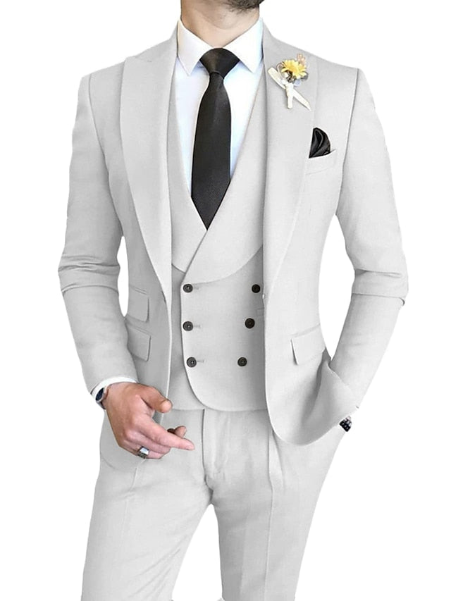 Men's Tailored Fit Single Breasted One-button 3 Pieces Wedding Suits White