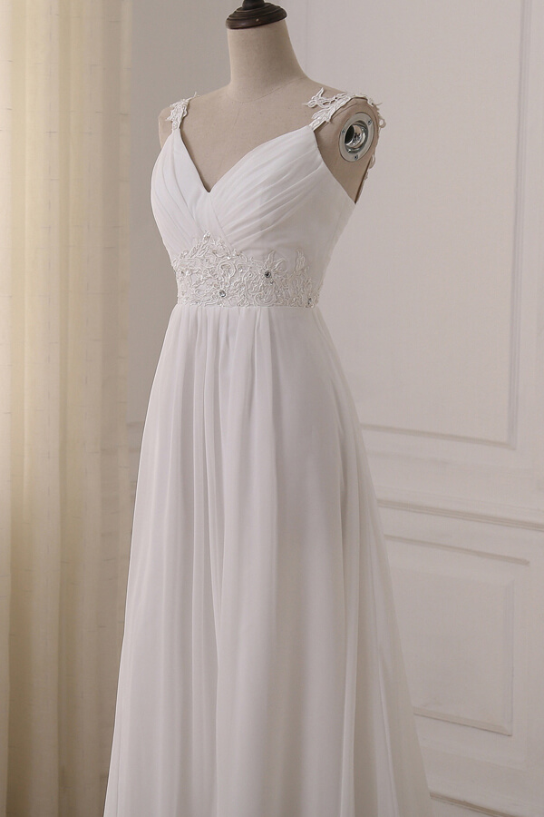 LLELLA Stylish Straps V-neck Chiffon Wedding Dress A-line White Appliques Bridal Gowns On Sale-LLELLA