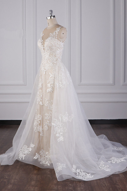 LLELLA Elegant Jewel Tulle Lace Wedding Dress Appliques Sleeveless Mermaid Bridal Gowns Online-LLELLA