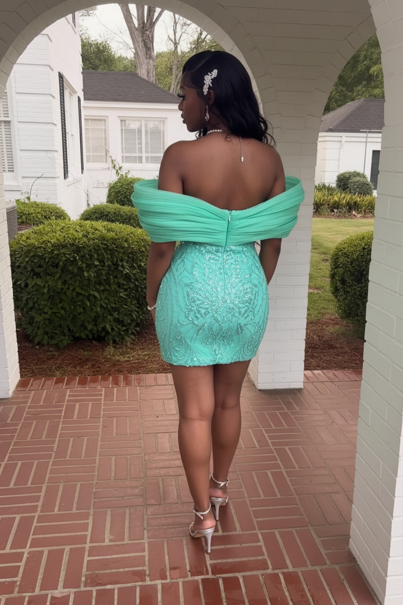 Emerald sequin mini party dress back view