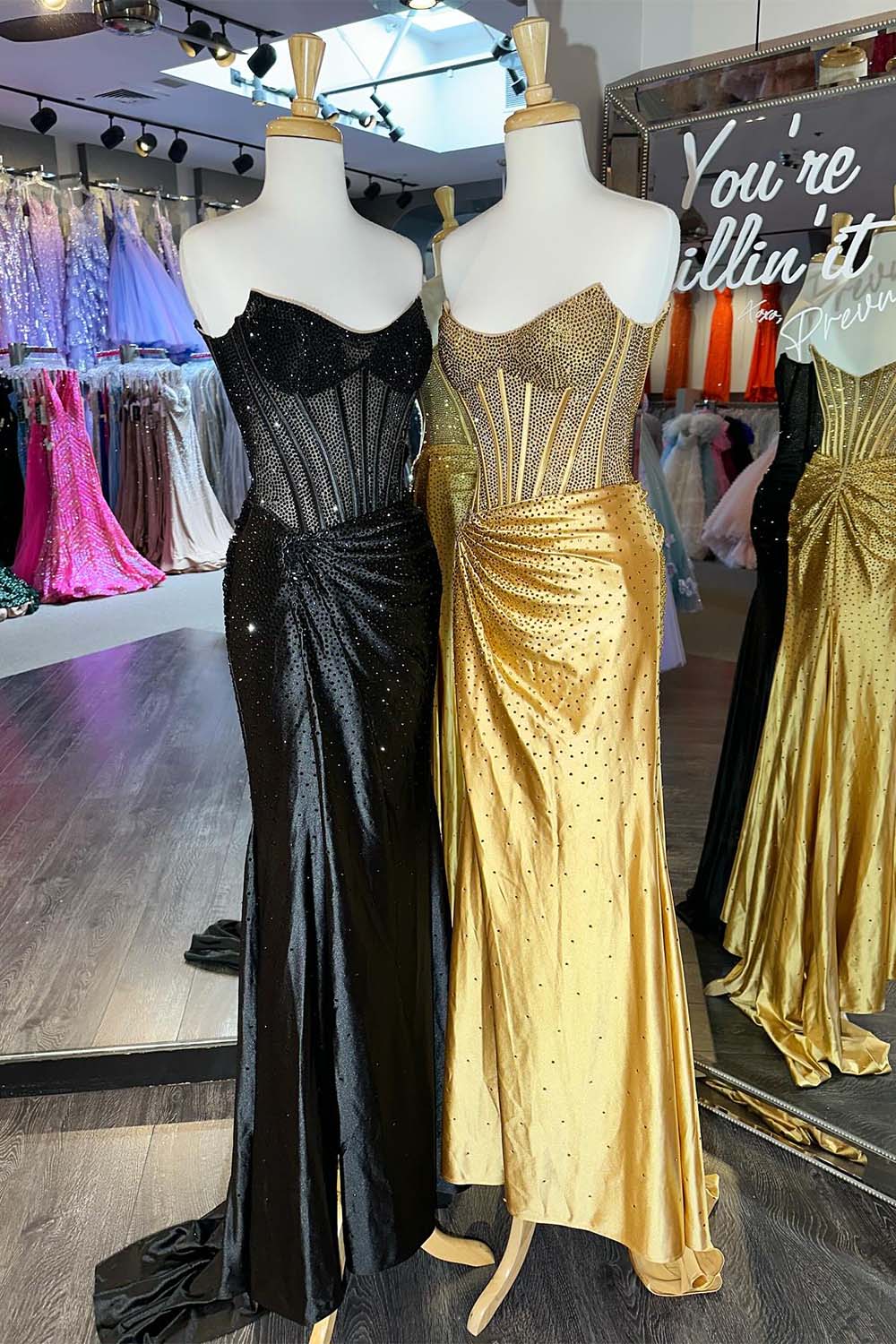Strapless Corset Beaded Prom Dress with Slit-LLELLA