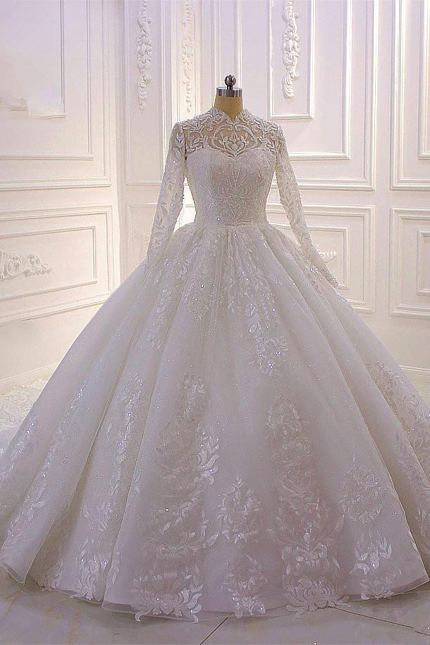 LLELLA Luxury Ball Gown High Neck Tull Lace Wedding Dress Long Sleeves Appliques Sequins Bridal Gowns Online-LLELLA