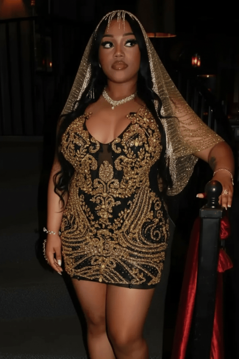 Gold Sequin Beaded Sheer Mini Homecoming Dress with Crystal Fringe Sleeves | Short Party Dress HC060