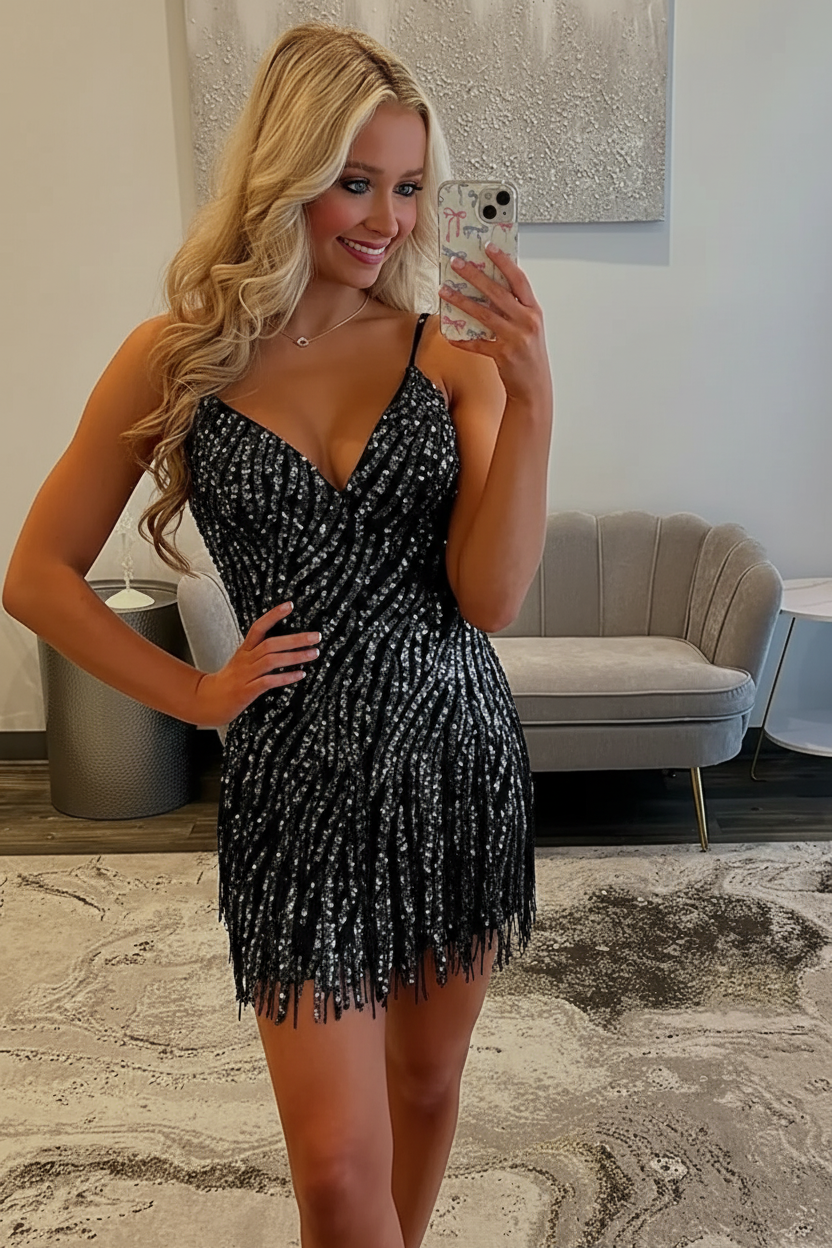 Sparkly Hot Pink Spaghetti Straps Sequins  Bodycon Short Homecoming Dress with Fringe