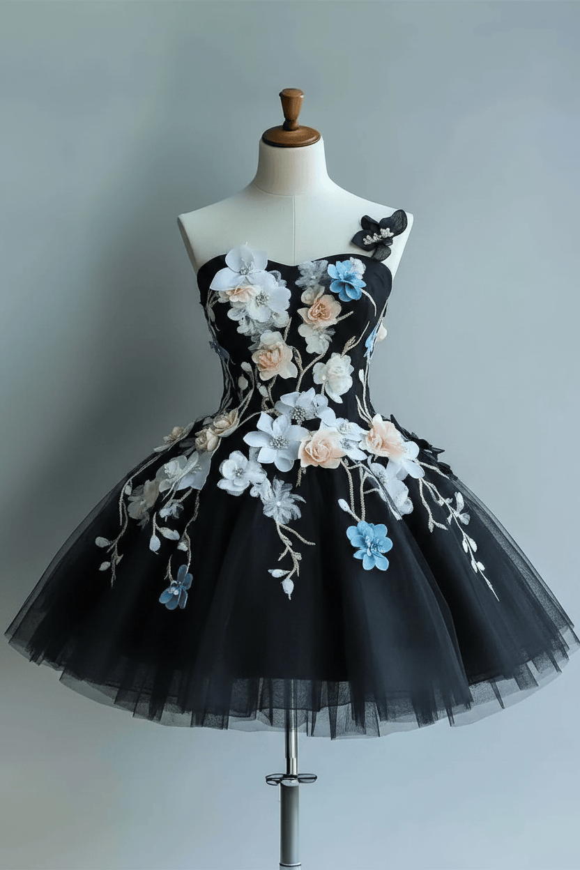 Strapless Tulle Flowers Homecoming Dress