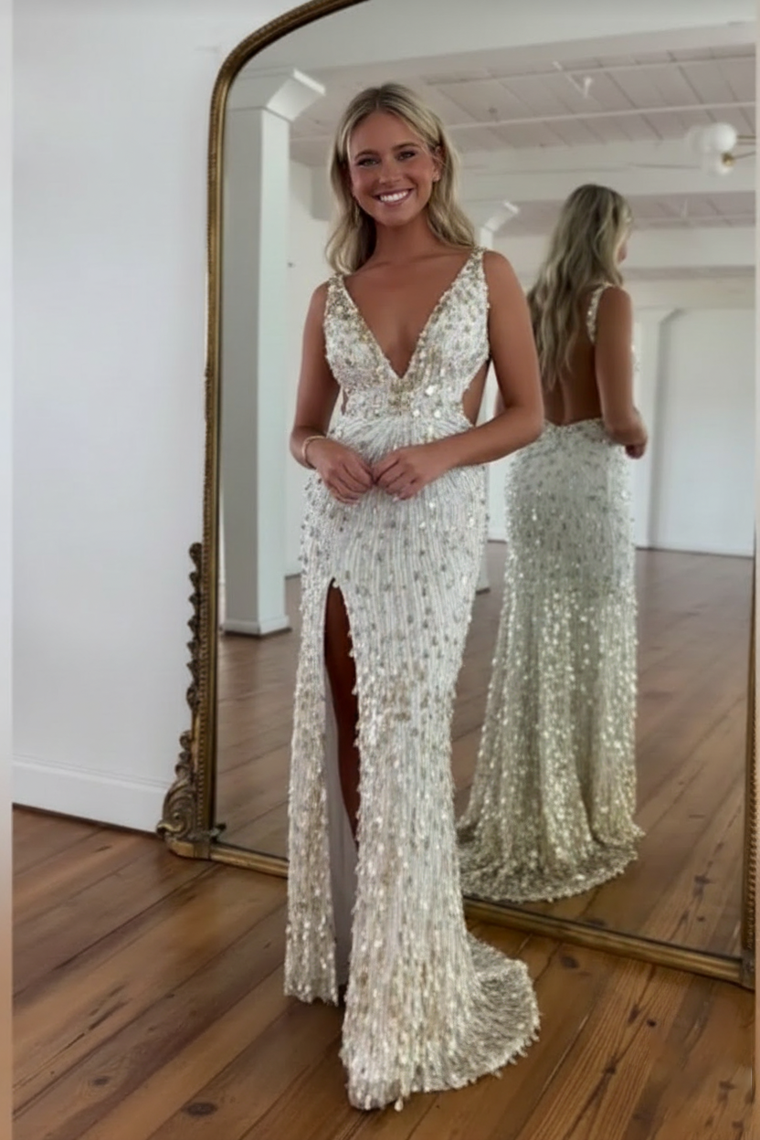 Sparkly Gold Fully Beaded Prom Dress with Deep V Neck Slit and Open Back-LLELLA