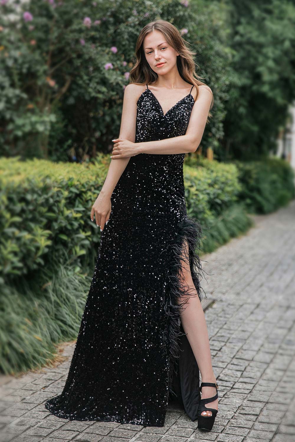 Sequin Long Side Slit Prom Dress with Feather-LLELLA