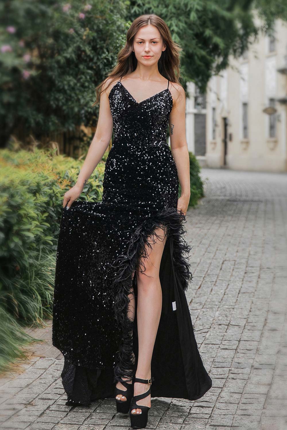 Sequin Long Side Slit Prom Dress with Feather-LLELLA