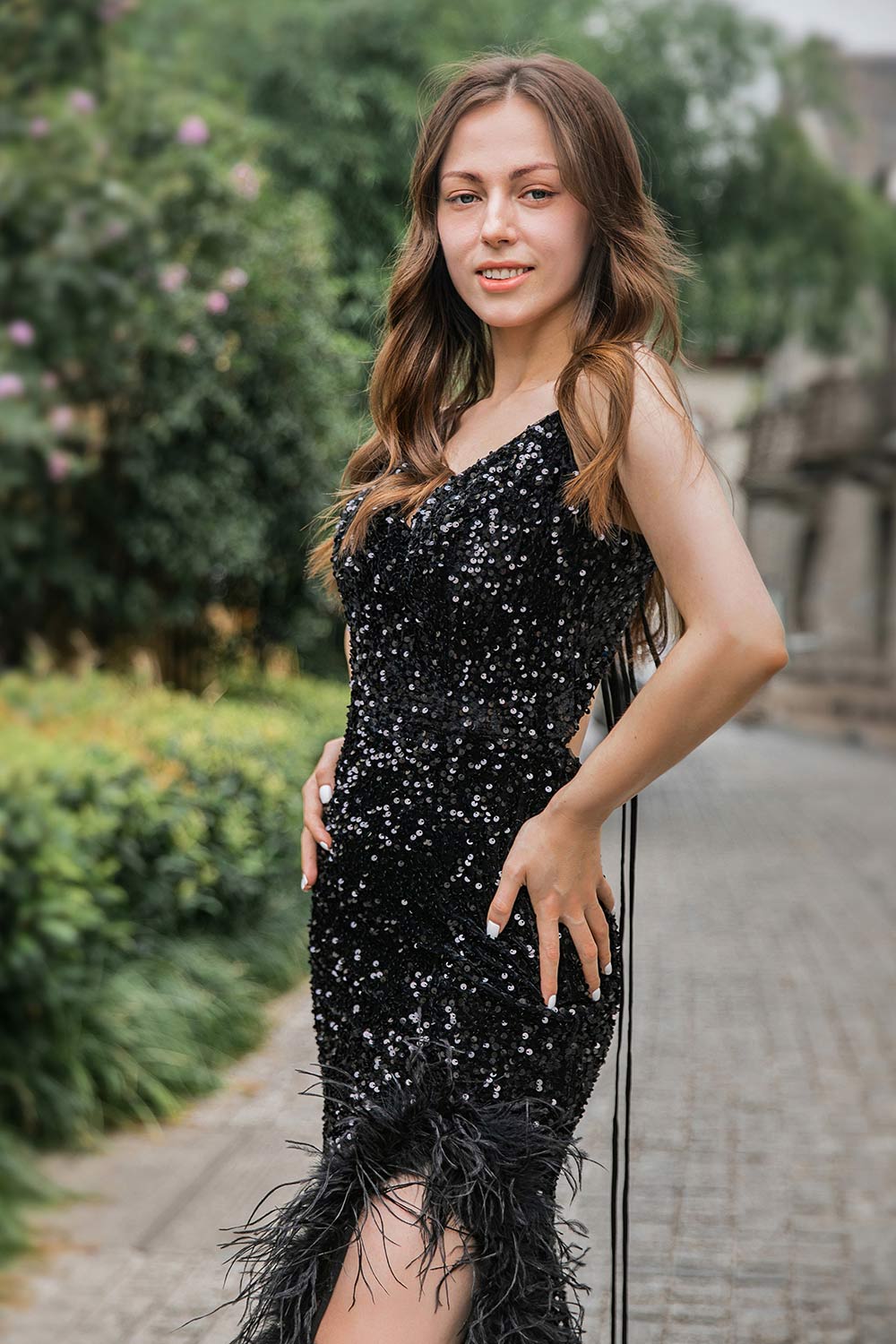 Llella Sequin Long Side Slit Sexy Prom Evening Dress with Feather  LLELLA