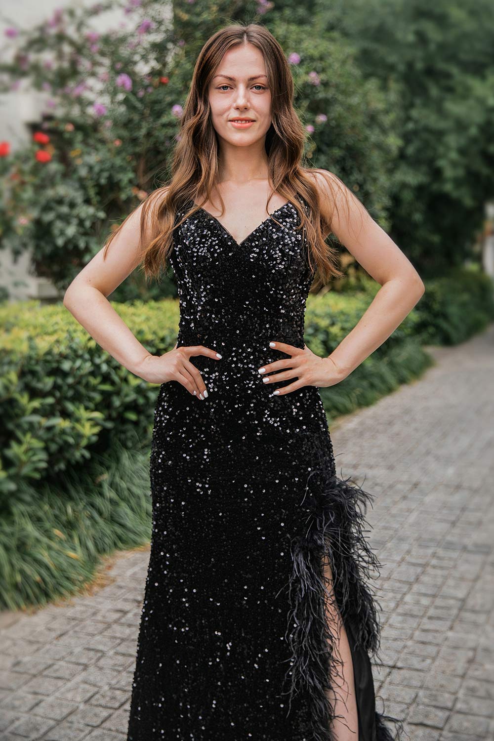 black flowy prom dress Gorgeous Black Spaghett-Straps Prom Dress With Slit