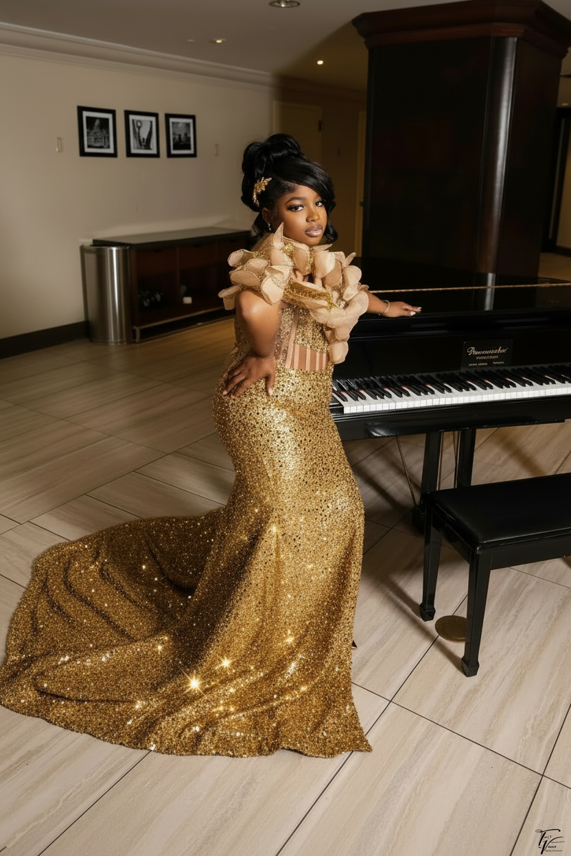 Champagne Gold 3D Sculptural Petal Off-Shoulder Sequin Mermaid Prom Dress