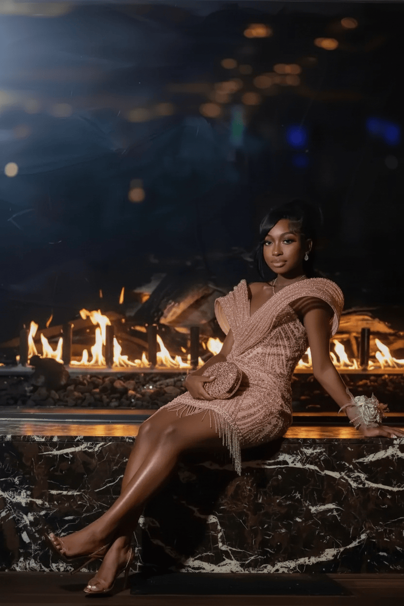 Rose Gold Off-Shoulder Sequin Beaded Mini Party Dress with Feather Cuffs | Homecoming Mini Dress HC105