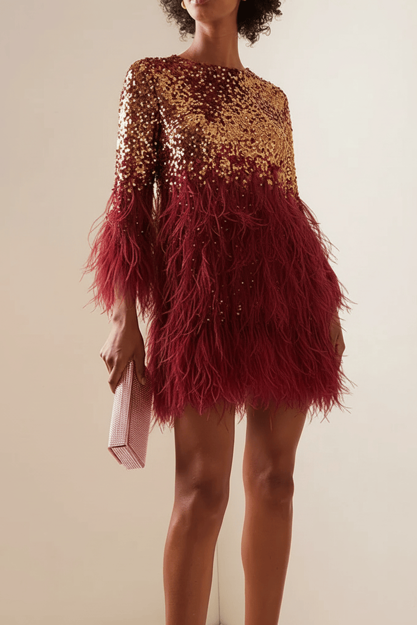 Champagne Feather Sequin Beaded Long Sleeve Mini Party Dress | Homecoming Dress HC043