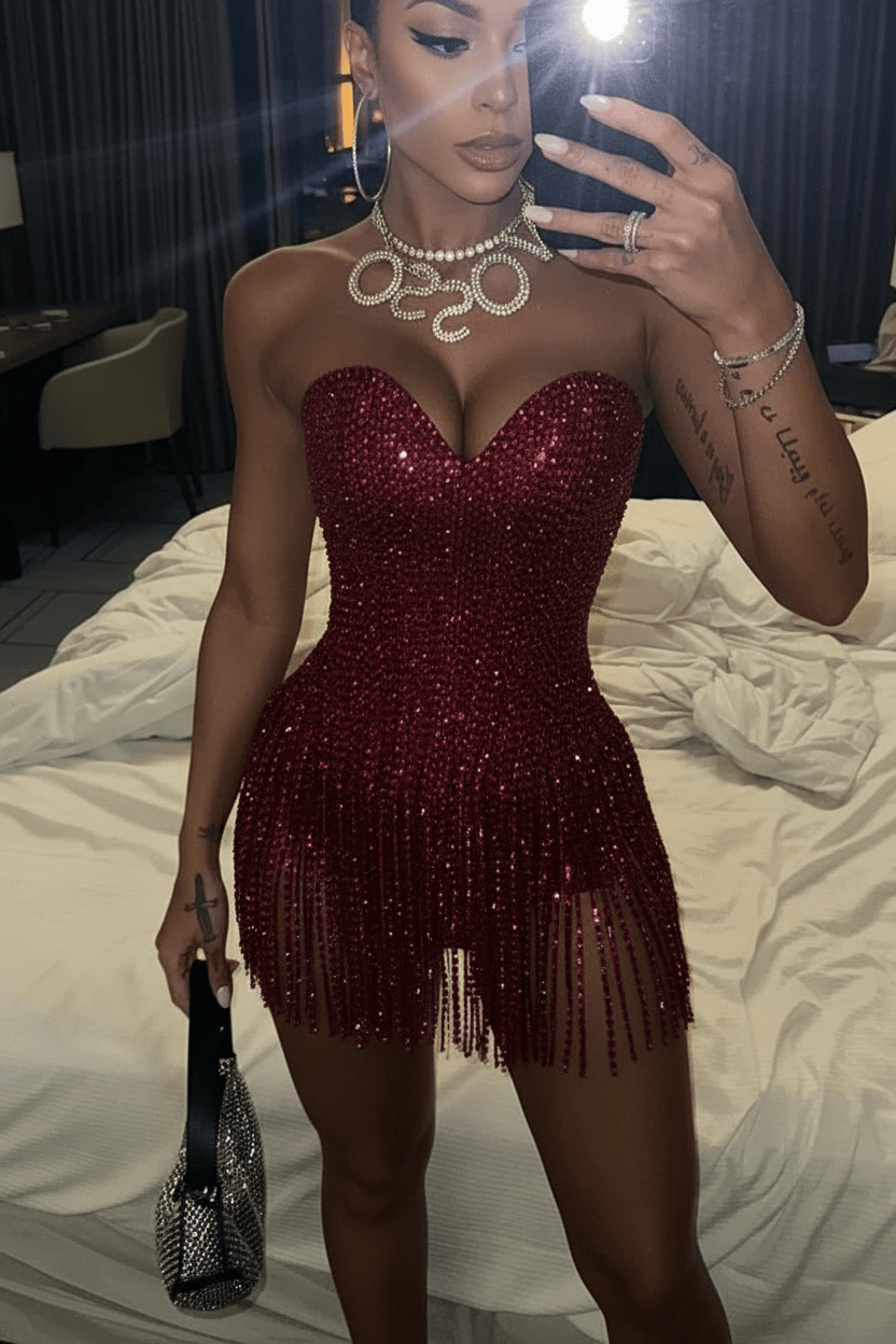 Rhinestone Fringe Strapless Mini Party Dress | Homecoming Mini Dress