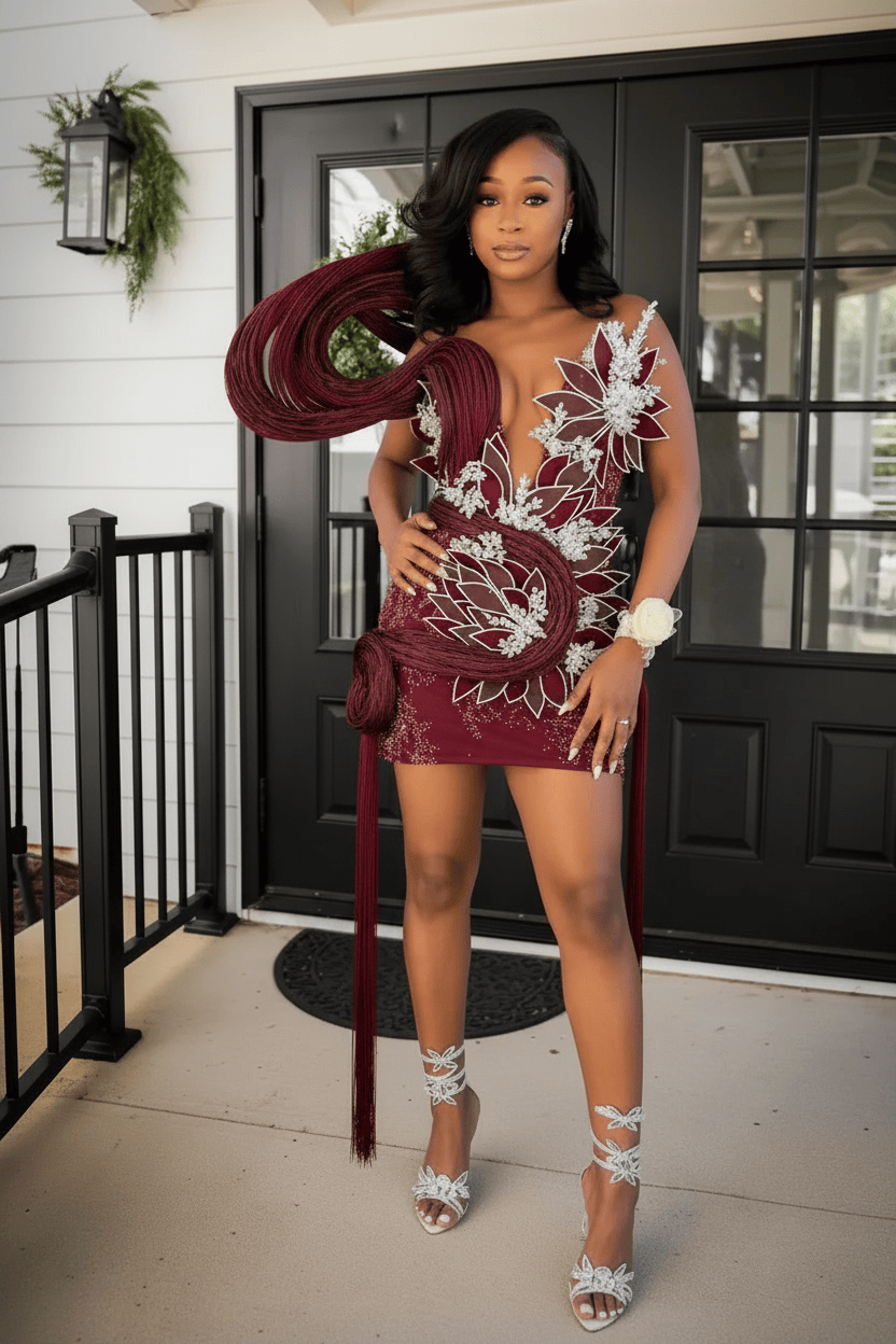 Navy Blue Deep V-Neck 3D Peacock Sculptural Mini Homecoming Dress | Short Party Dress HC066