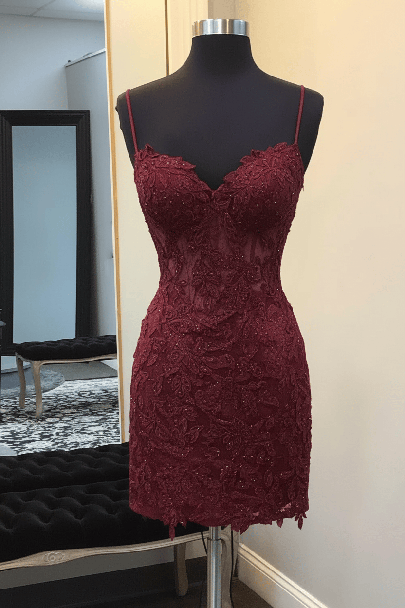 Black Spaghetti Straps Bodycon Corset Short Homecoming Dress with Appliques
