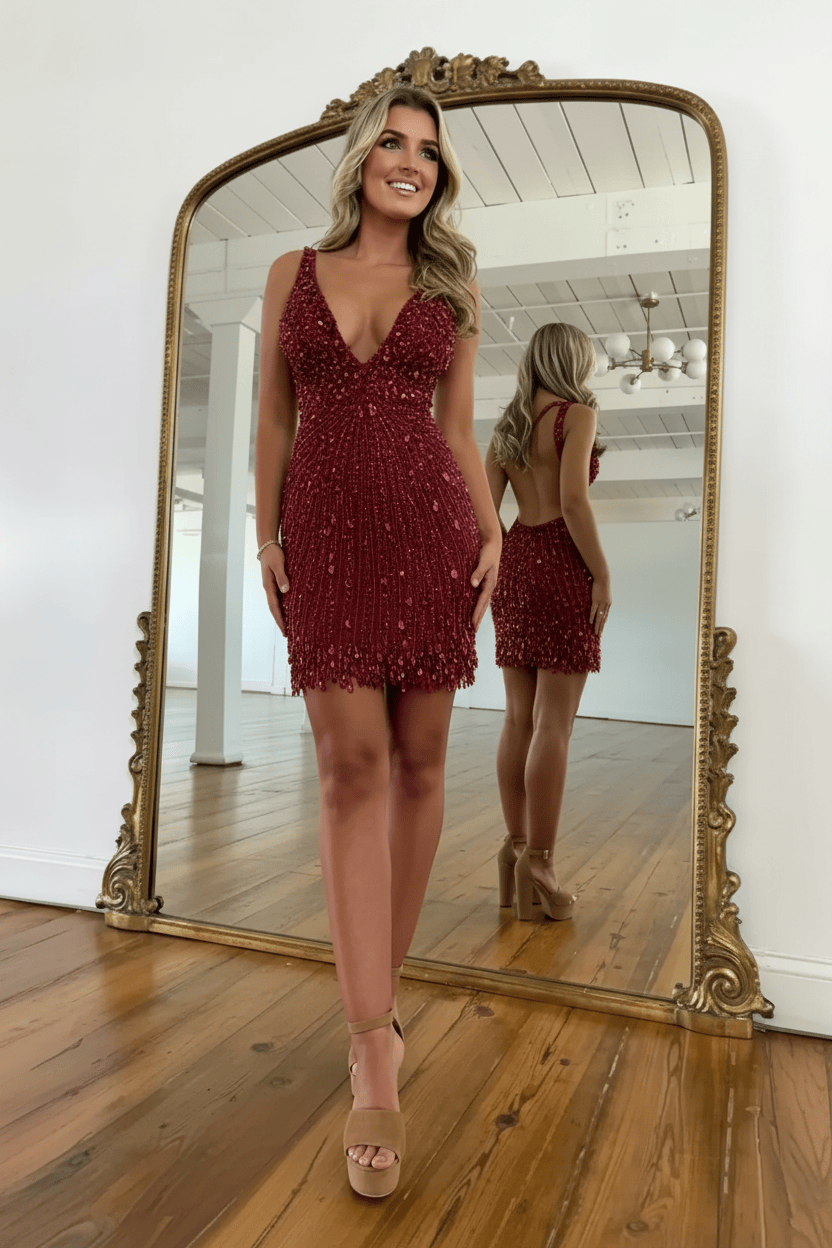 Sparkly Gold Fully Beaded Homecoming Dress with Deep V-Neck