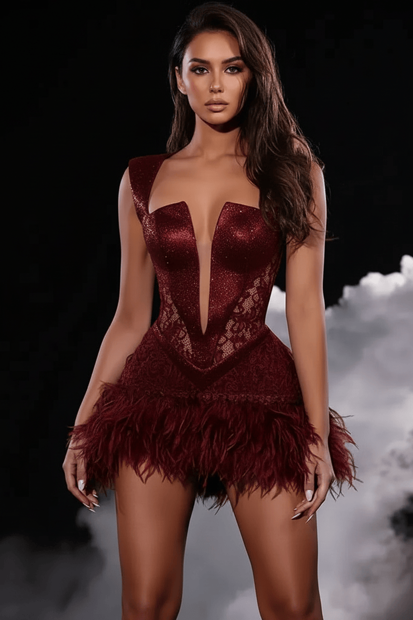 Black Lace Sequin Feather Mini Dress | Homecoming Mini Dress HC038