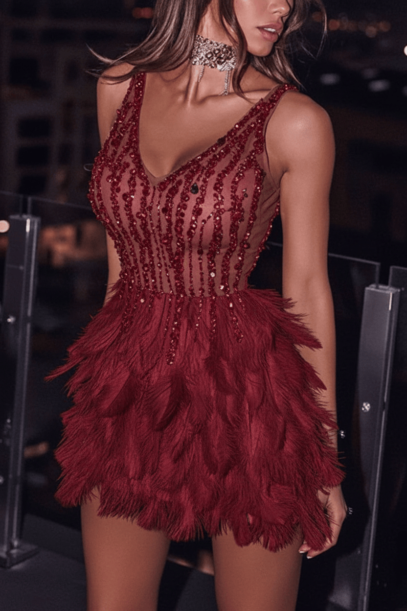 White Feather Crystal Beaded Mini Party Dress | Homecoming Dress HC042