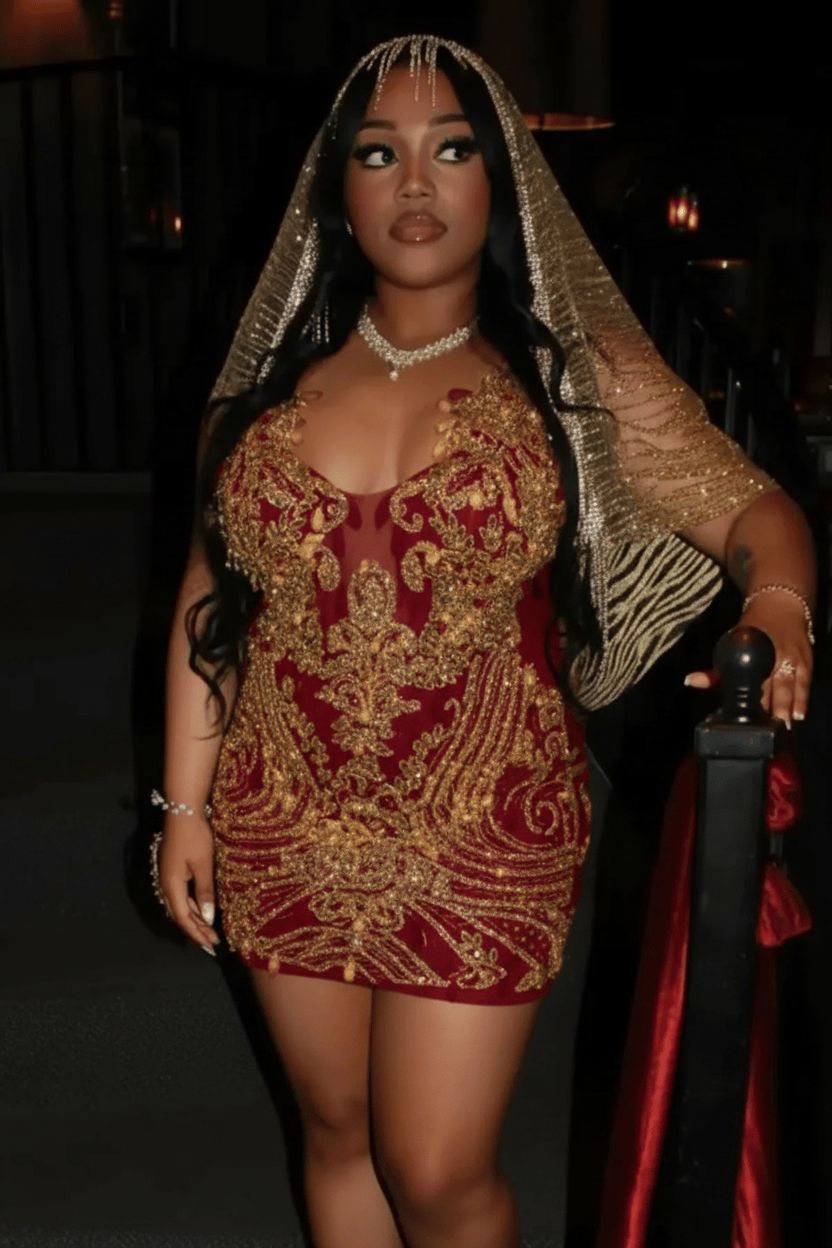 Gold Sequin Beaded Sheer Mini Homecoming Dress with Crystal Fringe Sleeves | Short Party Dress HC060
