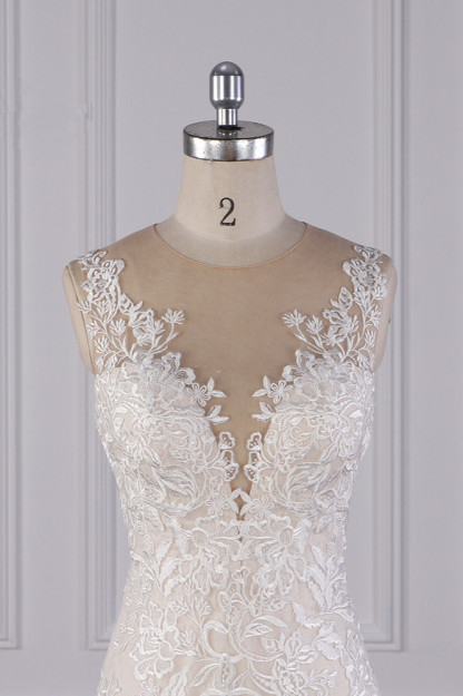 LLELLA Elegant Jewel Tulle Lace Wedding Dress Appliques Sleeveless Mermaid Bridal Gowns Online-LLELLA