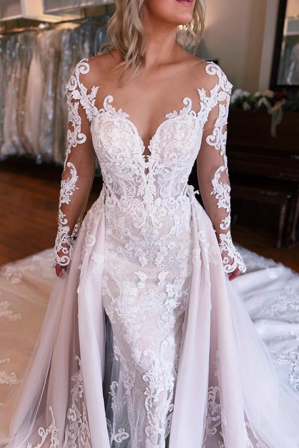 LLELLA Long Sleeves Lace Wedding Dress Mermaid Overskirt On Sale-LLELLA