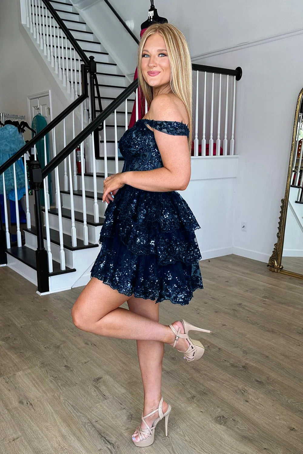 Sparkly A Line Off the Shoulder Navy Corset Homecoming Dress with Tiered Lace
