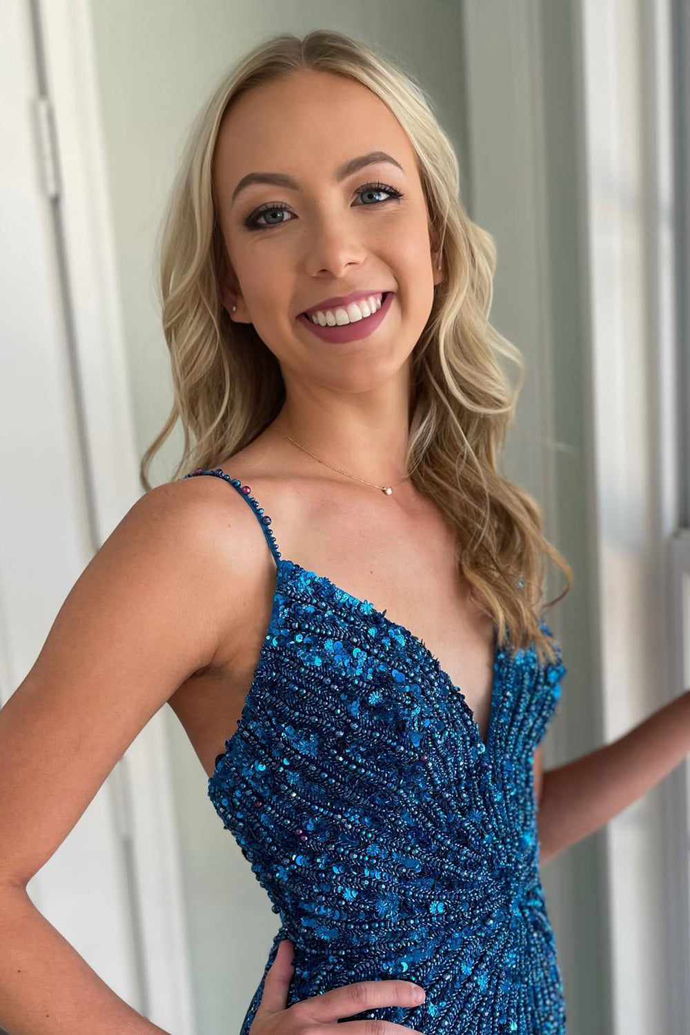 Sparkly Blue Tight Spaghetti Straps Lace-Up Back Short Homecoming Dress with Beading