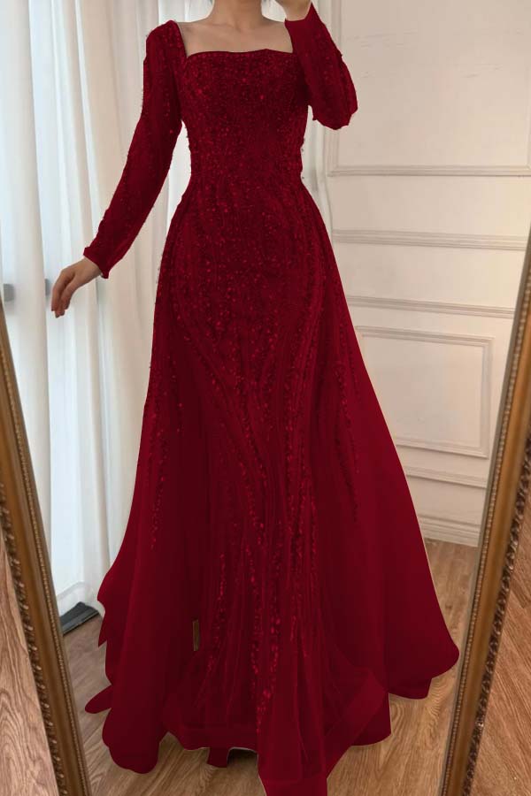 Square Neck Long Sleeves Long Mermaid Prom Dress With Beading Tulle