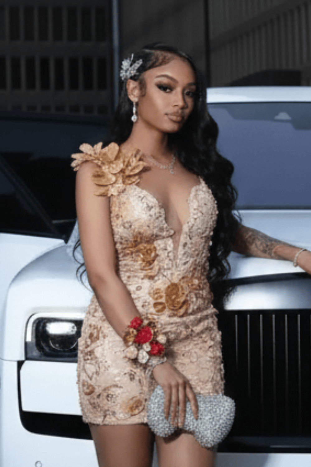 Scarlet Empress Red Sequin Homecoming Dress with 3D Silver Lace Appliqu�s