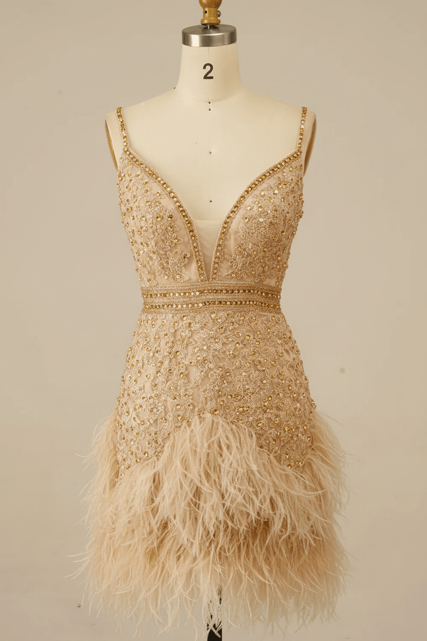 Sparkly White Lace Tight Short Floral Homecoming Dress with Feather