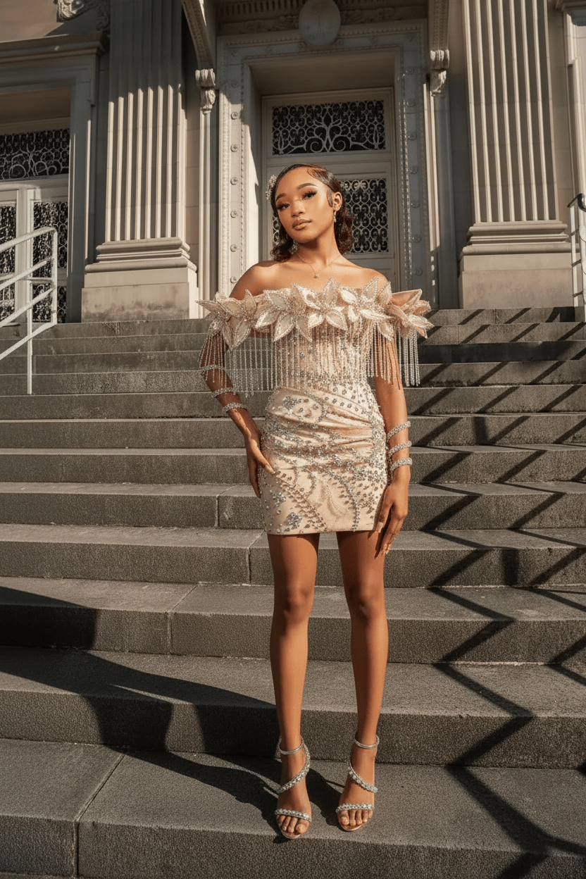 Electric Tangerine Off-Shoulder Crystal Fringe Short Homecoming Dress with 3D Floral Details